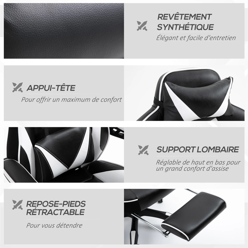 Vinsetto Scaun Gaming Ergonomic, Fotoliu de Birou confortabil cu Suport de Picioare, Perne pentru Cap și Zonă Lombară, Înălțime Reglabilă, negru și alb | Aosom Romania