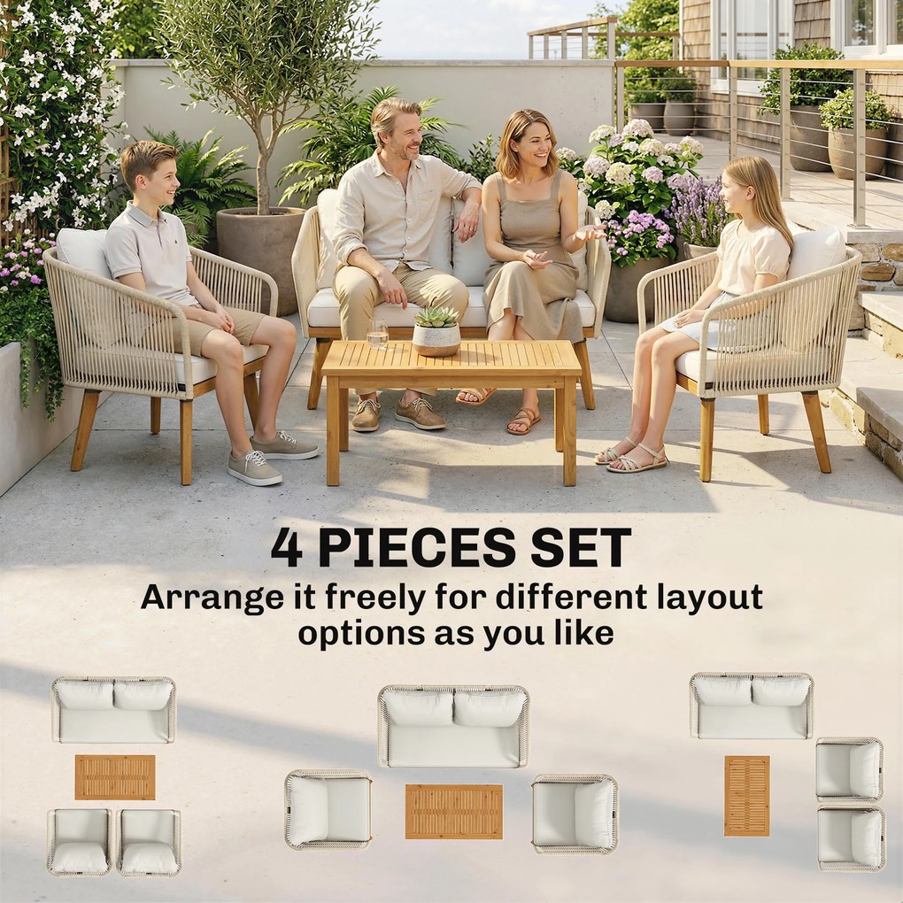 Outsunny Set mobilier grădină 4 piese lounge polyrattan cu canapea 2 locuri, 2 fotolii, masă din lemn de acacia cu lamele, perne groase lavabile | Aosom Romania