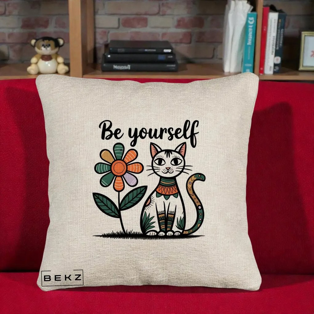 Perna Personalizata Be Yourself Pisica Folk, 40x40 cm, Bej Canapea, Husa Detasabila, Perna Inclusa, BEKZ®