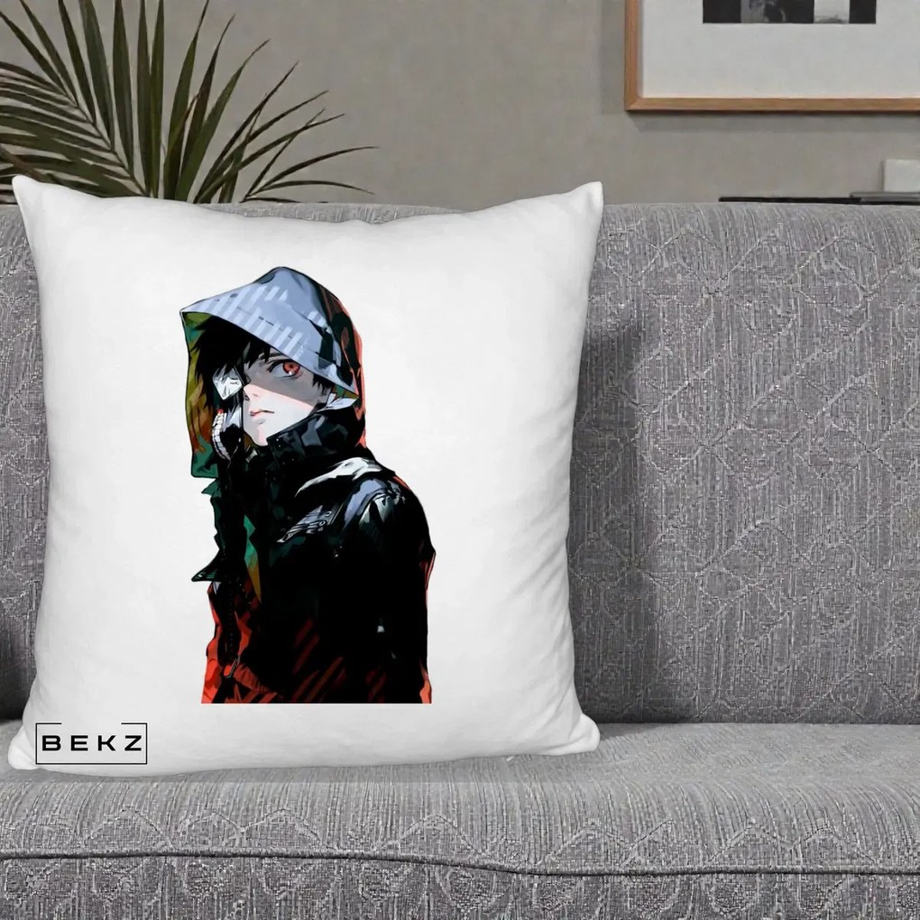 Perna Personalizata Tokyo Ghoul Ken Kaneki cu Masca si Gluga, 40x40 cm, Alb Pufos, Husa Detasabila, Perna Inclusa, BEKZ®