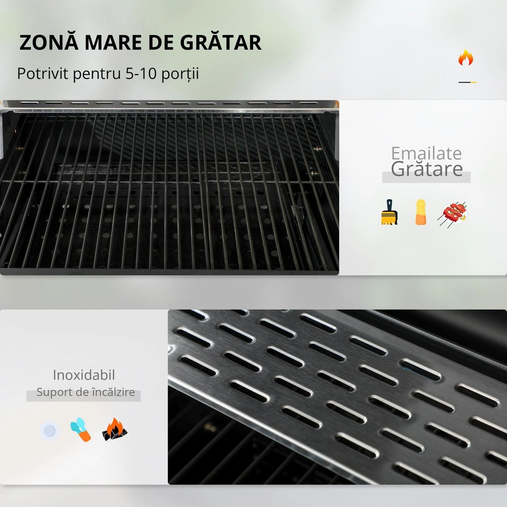 Outsunny Grătar cu Tavă de Cărbune Reglabilă, Grilaj de Grătar din Oțel Galvanizat cu Rafturi de Depozitare, 120x64x114 cm, Negru | Aosom Romania
