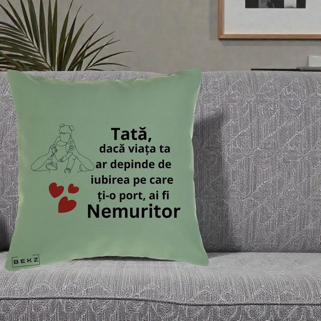 Cadou pentru Tata - Perna Personalizata Tata Nemuritor Mesaj, 40x40 cm, Verde, Husa Detasabila, Perna Inclusa, BEKZ®