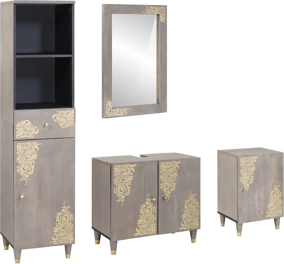 vidaXL Set dulap baie cu sertar cu ușă 4 pcs Gri Lemn de mango solid