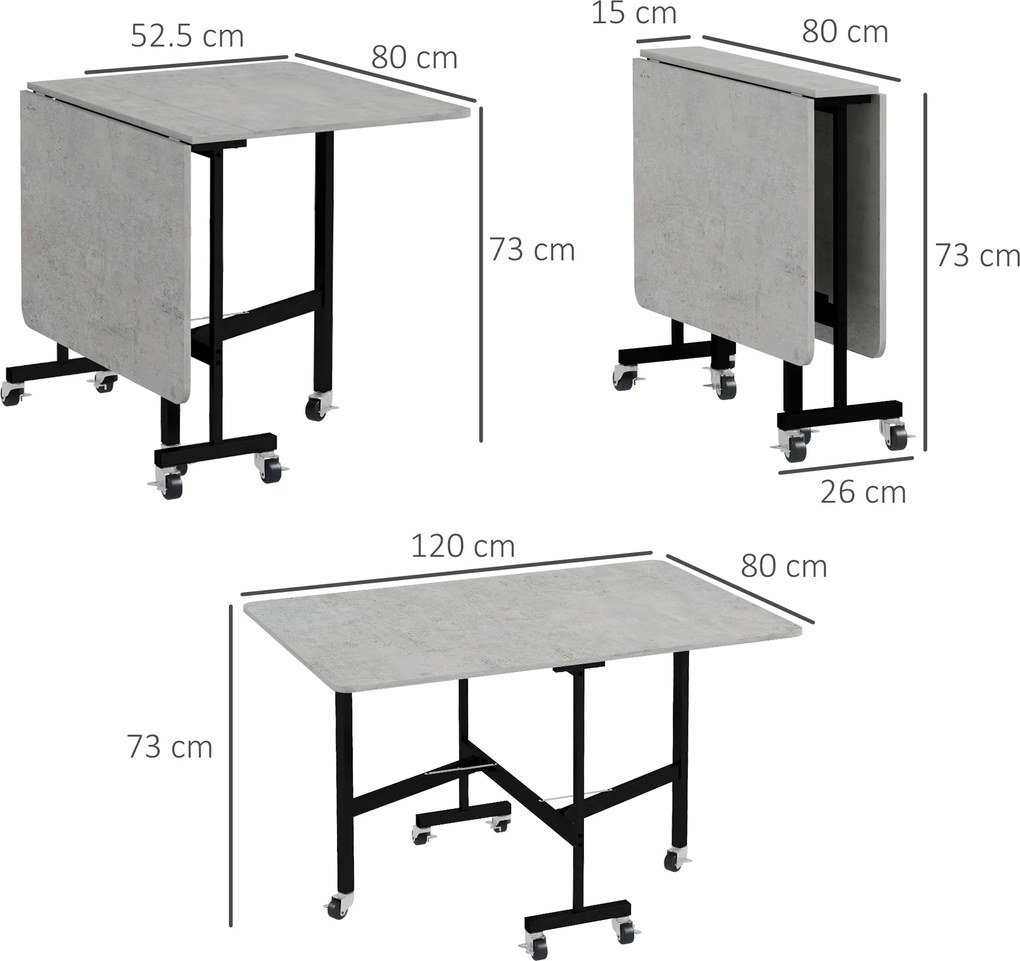 HOMCOM Masă Pliabilă pentru 4-6 Persoane, Masă de Bucătărie Modernă cu Spațiu Economic și 6 Roți, 120x80x73 cm, Gri | Aosom Romania