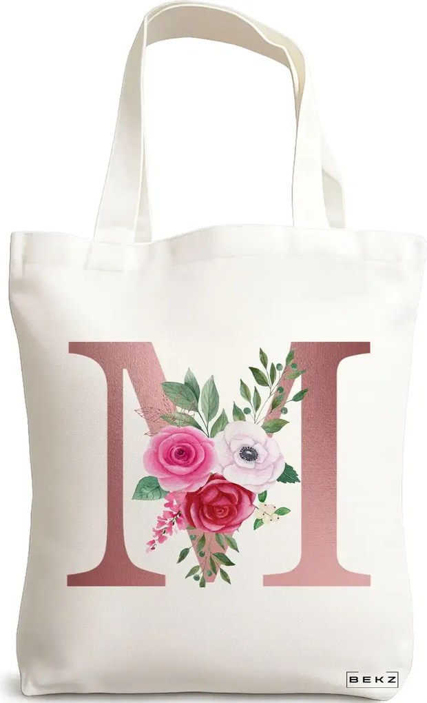 Sacosa de Panza pentru Cumparaturi, Geanta Tote, Cu litera M Rose Gold si Trandafiri, 38x34.5 cm, Alba, BEKZ®
