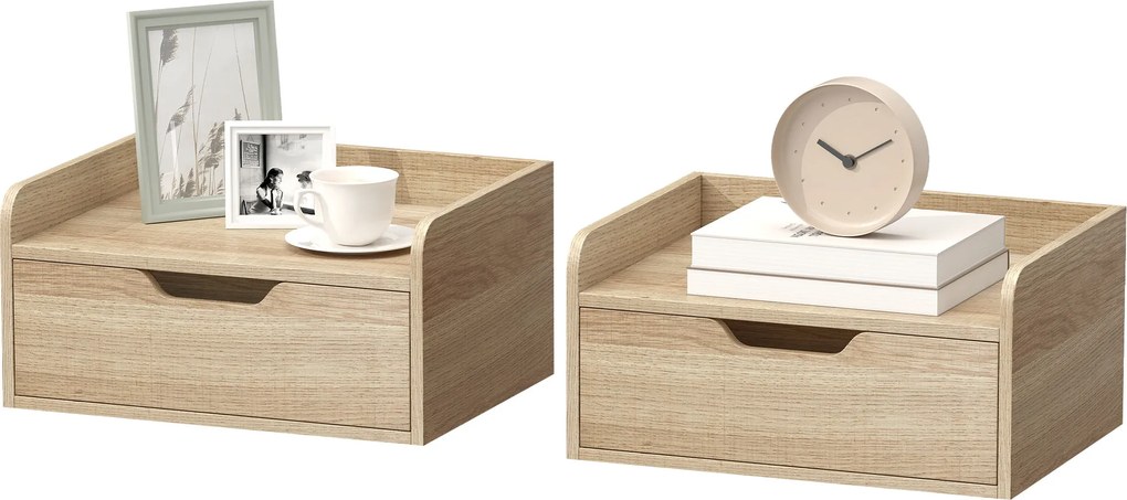 HOMCOM Set de 2 Noptiere de Perete Noptiere Suspendate cu 1 Sertar pentru Dormitor Cameră 40x30x19,5 cm Lemn Natural | Aosom Romania