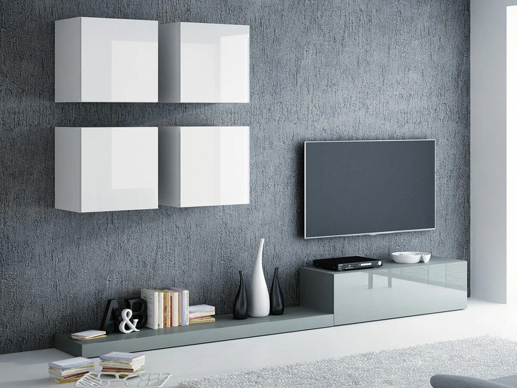 Camera de zi Charlotte 110Gri, Gri lucios, Alb, Alb lucios, Părți separate, Cu comodă tv, PAL laminat, 300x42cm, 82 kg