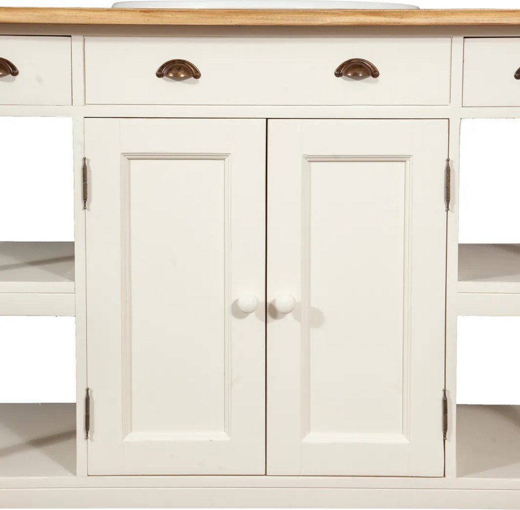 Mobilier de baie din lemn masiv, lavoar ceramica , alb antichizat  natur, L128x54xH92 cm