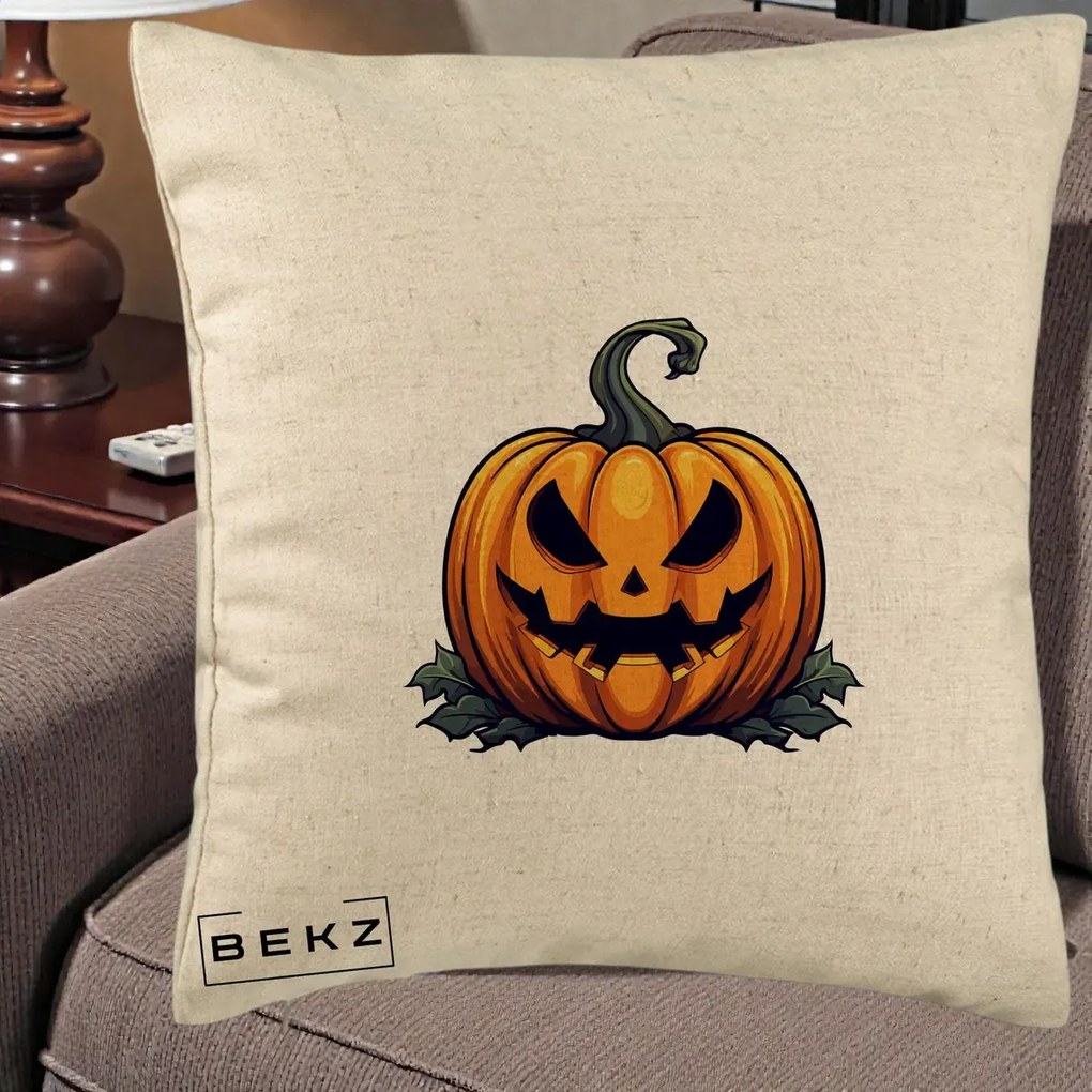 Perna Decorativa Halloween Jack-o'-Lantern Infricosator, 40x40 cm, Bej, Husa Detasabila, Perna Inclusa, BEKZ®