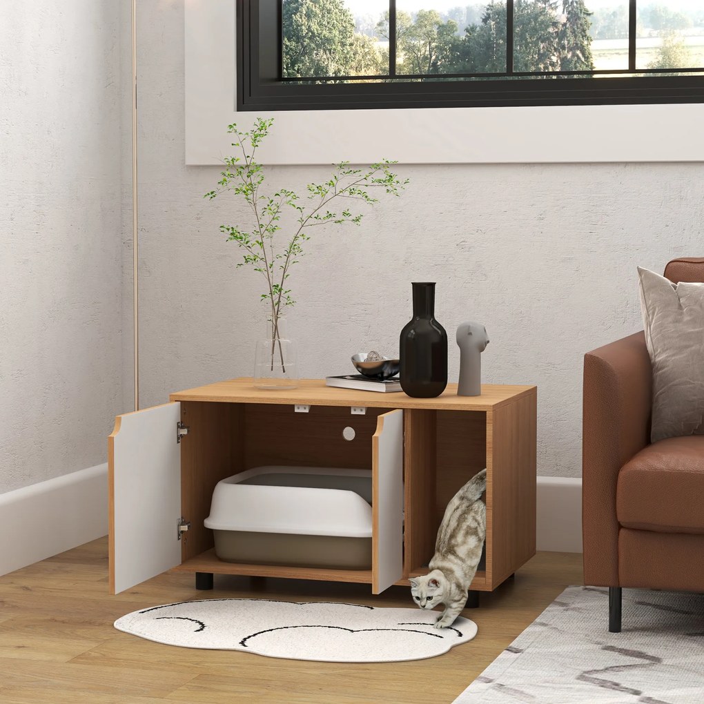 PawHut Mobilier pentru litieră, casă de toaletă pe picioare pentru pisici 2 în 1, uși, stil scandinav 80 x 48 x 48 cm natural și alb | Aosom Romania