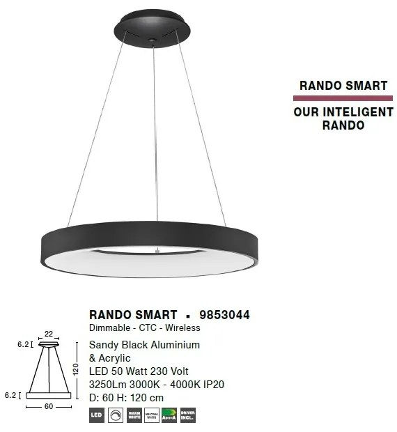 Lustra LED moderna wireless design circular Rando Smart neagra