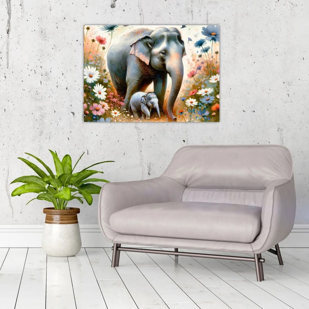 Tablou - Mama elefant, acuarelă (70x50 cm)
