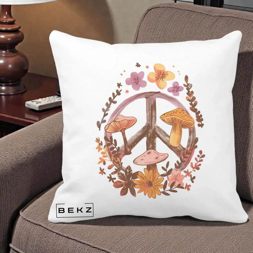 Perna Decorativa Peace Sign Ciuperci Floral, 40x40 cm, Alba Mata, Husa Detasabila, Perna Inclusa, BEKZ®