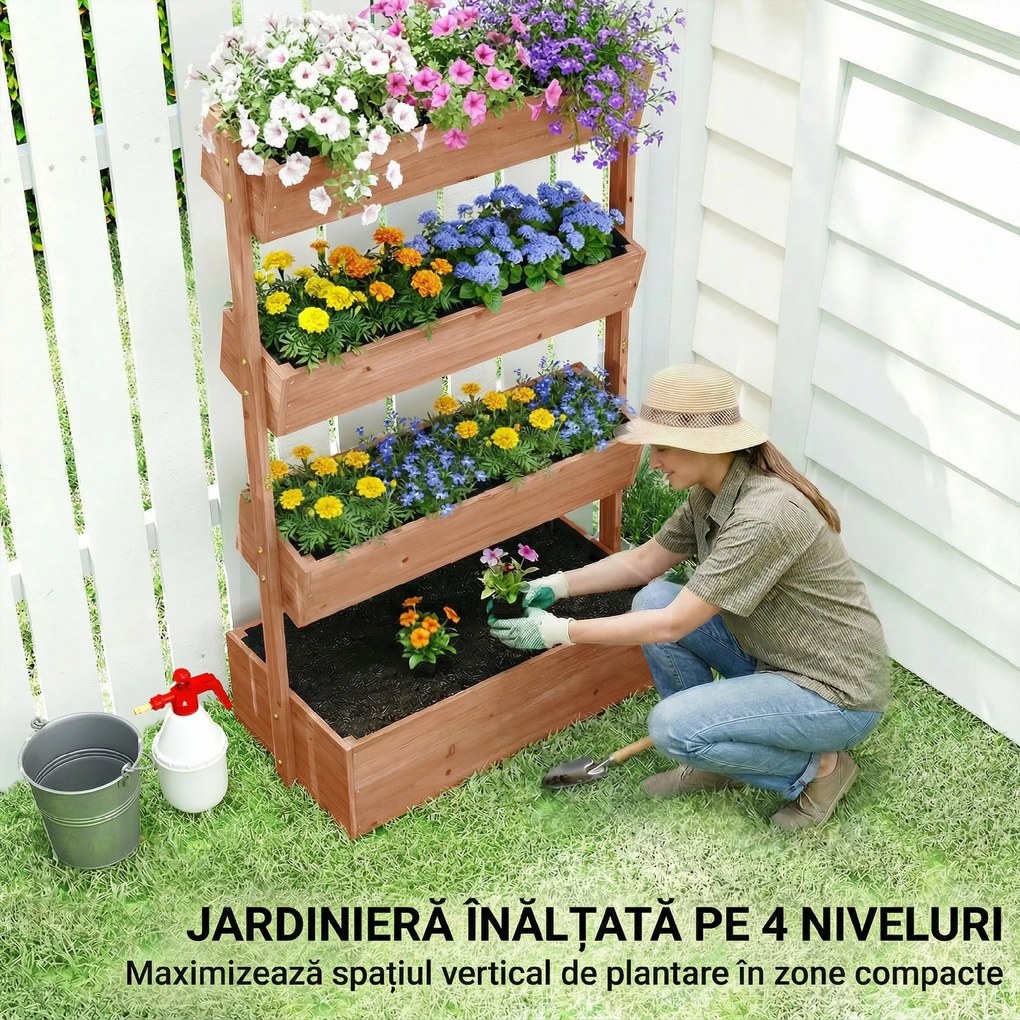 Outsunny Jardinieră Verticală înălțată pe 4 Niveluri, din Lemn pentru Exterior, cu Orificii de Drenaj și Căptușeală Textilă, pentru Plante Aromatice, Flori și Legume, 85x45x140 cm, Maro | Aosom Romania