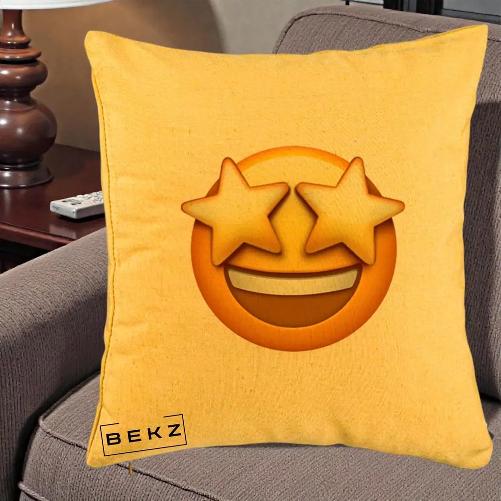 Perna Decorativa Emoji Ochi Stele, 40x40 cm, Galben, Husa Detasabila, Perna Inclusa, BEKZ®