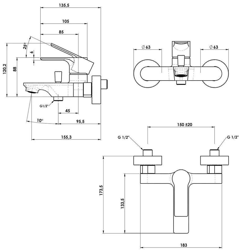 Baterie argintiu-lucios pentru cadă cu montare pe perete (2 ieșiri) Pax – Sapho