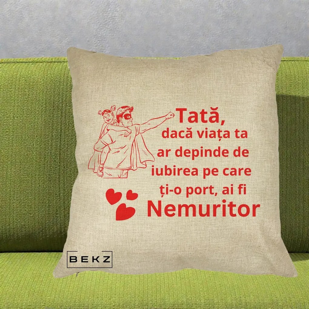 Cadou pentru Tata - Perna Personalizata Tata Nemuritor cu Fetita, 40x40 cm, Crem, Husa Detasabila, Perna Inclusa, BEKZ®