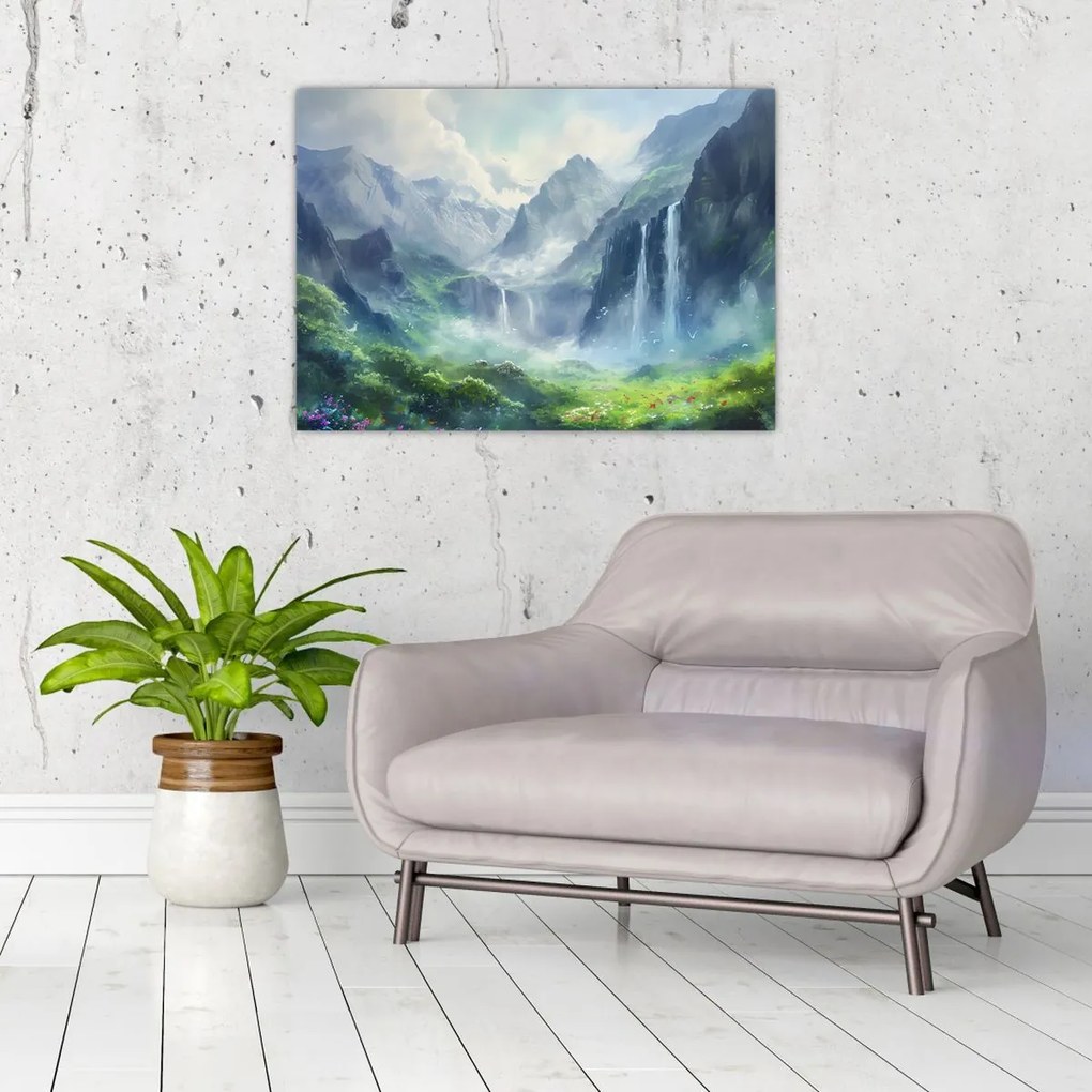 Tablou pe sticlă - Valea cascadelor (70x50 cm)
