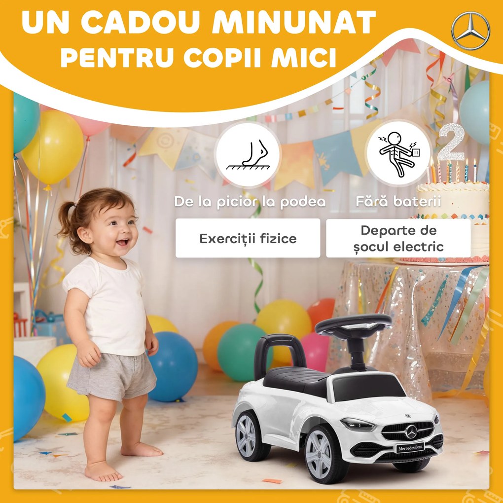 Mașinuță Electrică AIYAPLAY pentru Copii Licență Mercedes Benz cu Claxon și Spațiu de Depozitare, 65x28x39 cm, Alb | Aosom Romania