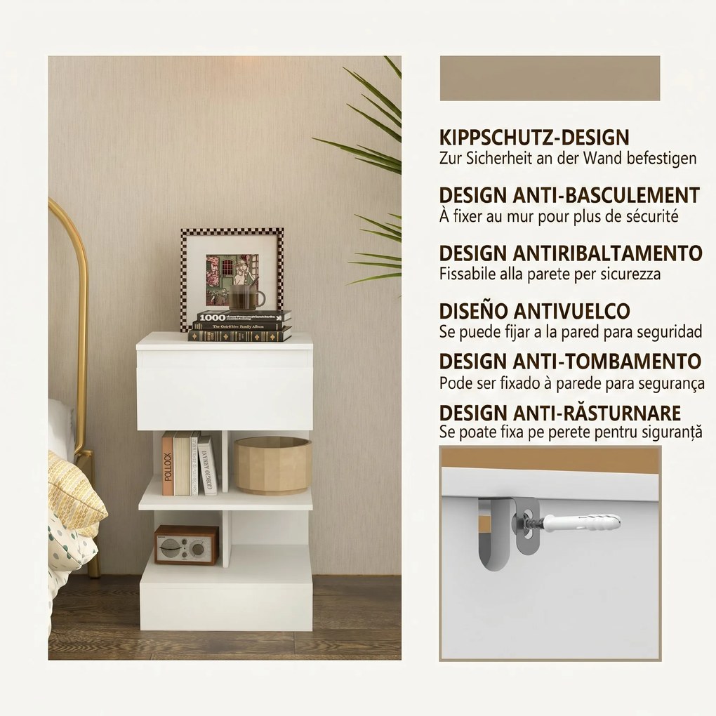 Noptiera Moderna din PAL si MDF cu un Sertar si 2 Rafturi, 39x39x65 cm, Alb HOMCOM | Aosom RO