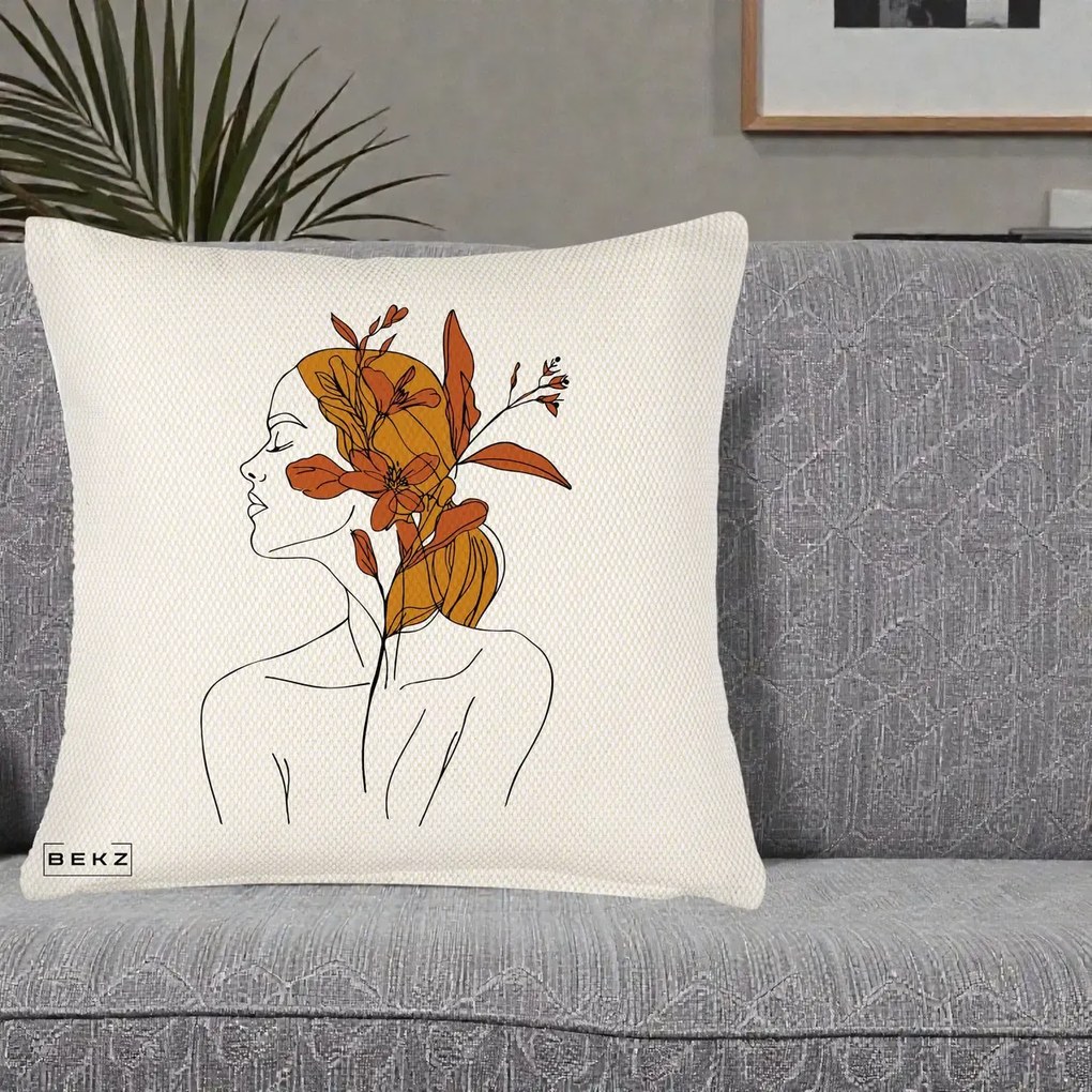 Perna Decorativa Portret Feminin Crin Ruginiu Auriu, 40x40 cm, Crem Reliefat, Husa Detasabila, Perna Inclusa, BEKZ®