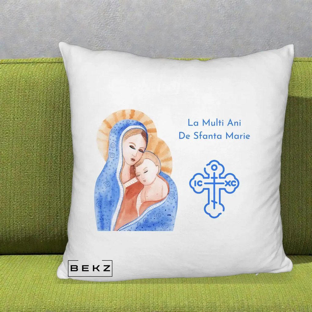 Cadou de Onomastica - Perna Personalizata Sfanta Marie Icoana Acuarela, 40x40 cm, Alb Pufos, Husa Detasabila, Perna Inclusa, BEKZ®