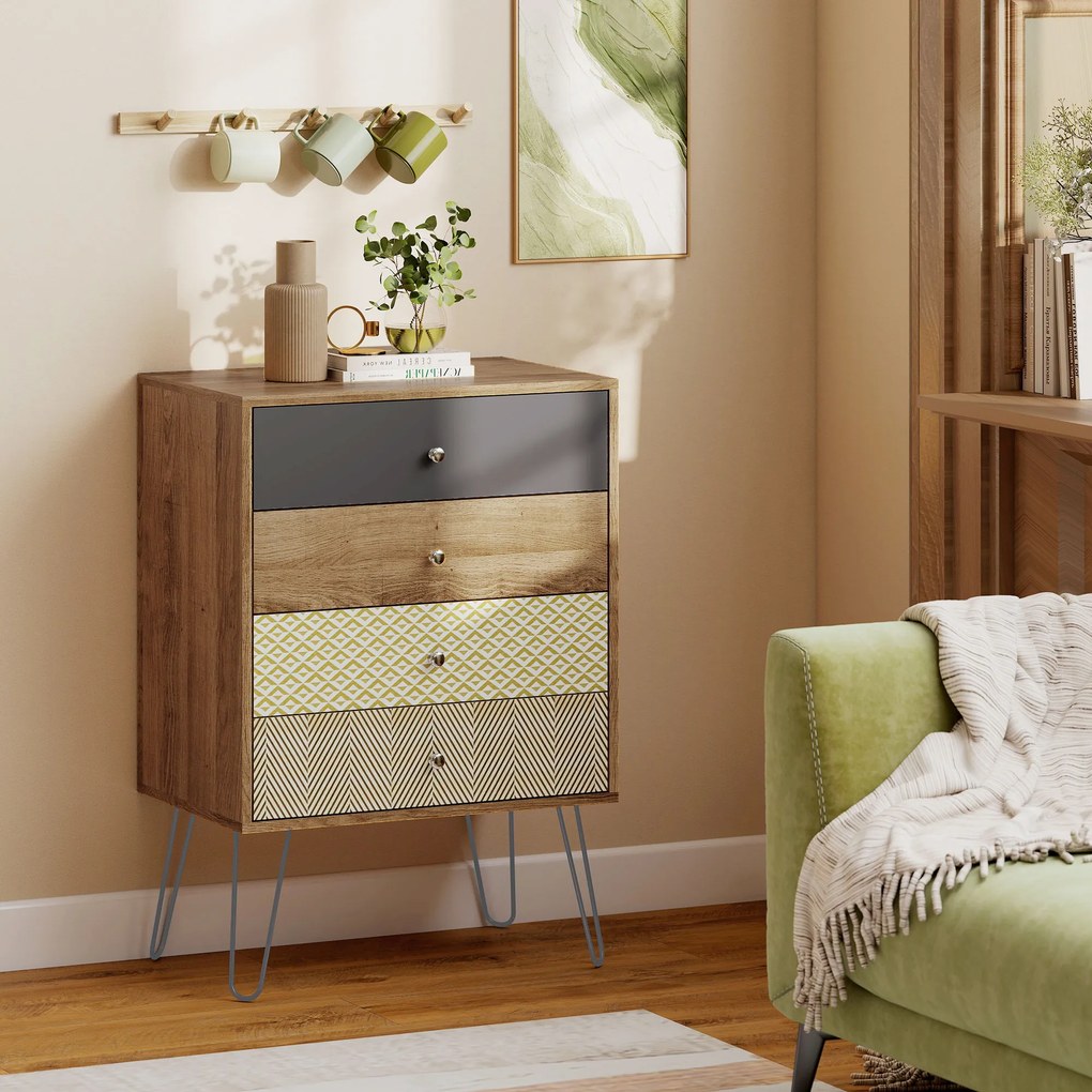 HOMCOM Comodă cu 4 sertare Picioare tip furcă din oțel Stil boem 60x39x86 cm Multicolor | Aosom Romania