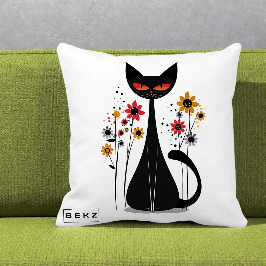 Perna Decorativa Pisica Neagra Ochi Rosii Flori, 40x40 cm, Alba Mata, Husa Detasabila, Perna Inclusa, BEKZ®