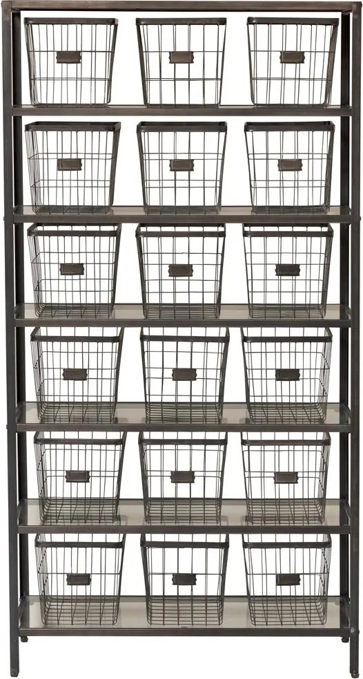 Etajeră metalică vintage în stil industrial, gri, cu 18 coșuri din sârmă și 6 rafturi din sticlă, 171,5 x 89 x 33,5 cm, „Factory”