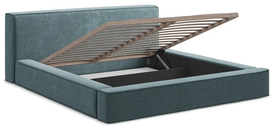 Pat dublu tapițat albastru cu spațiu de depozitare cu grilă 160x200 cm Noho - Makamii