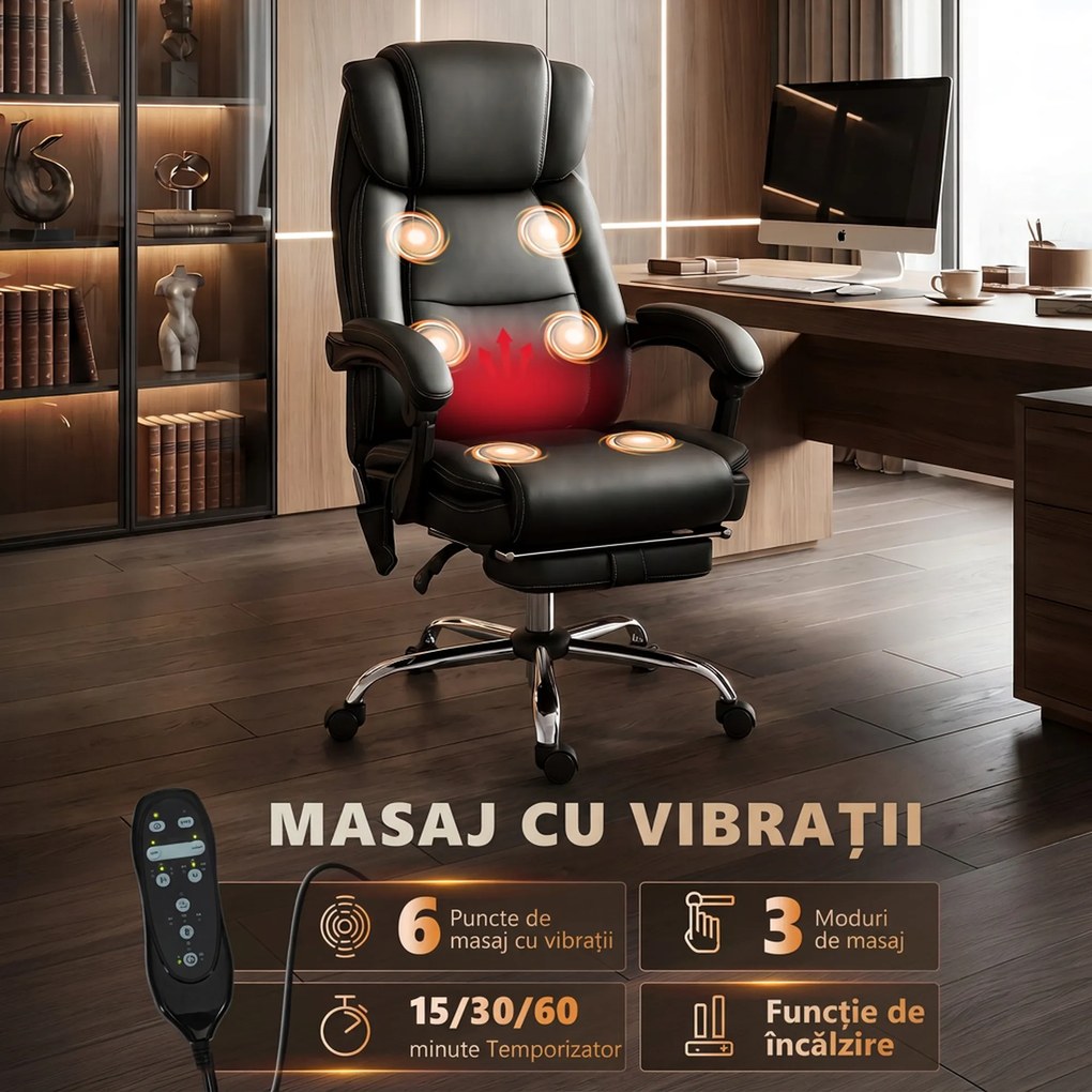 HOMCOM Scaun de Birou cu Masaj și Încălzire, Reclinabil, din Piele PU, cu Telecomandă și Suport pentru Picioare, Negru | Aosom Romania