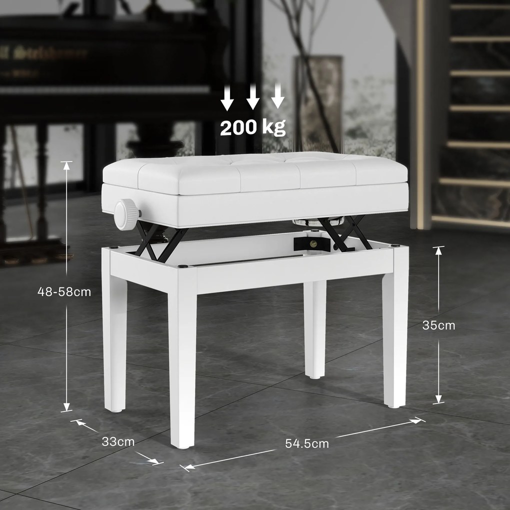 HOMCOM Banc de pian, banc de clape reglabil în înalțime din lemn masiv, compartiment de depozitare, 55 x 33 x 48-58 cm alb | Aosom Romania