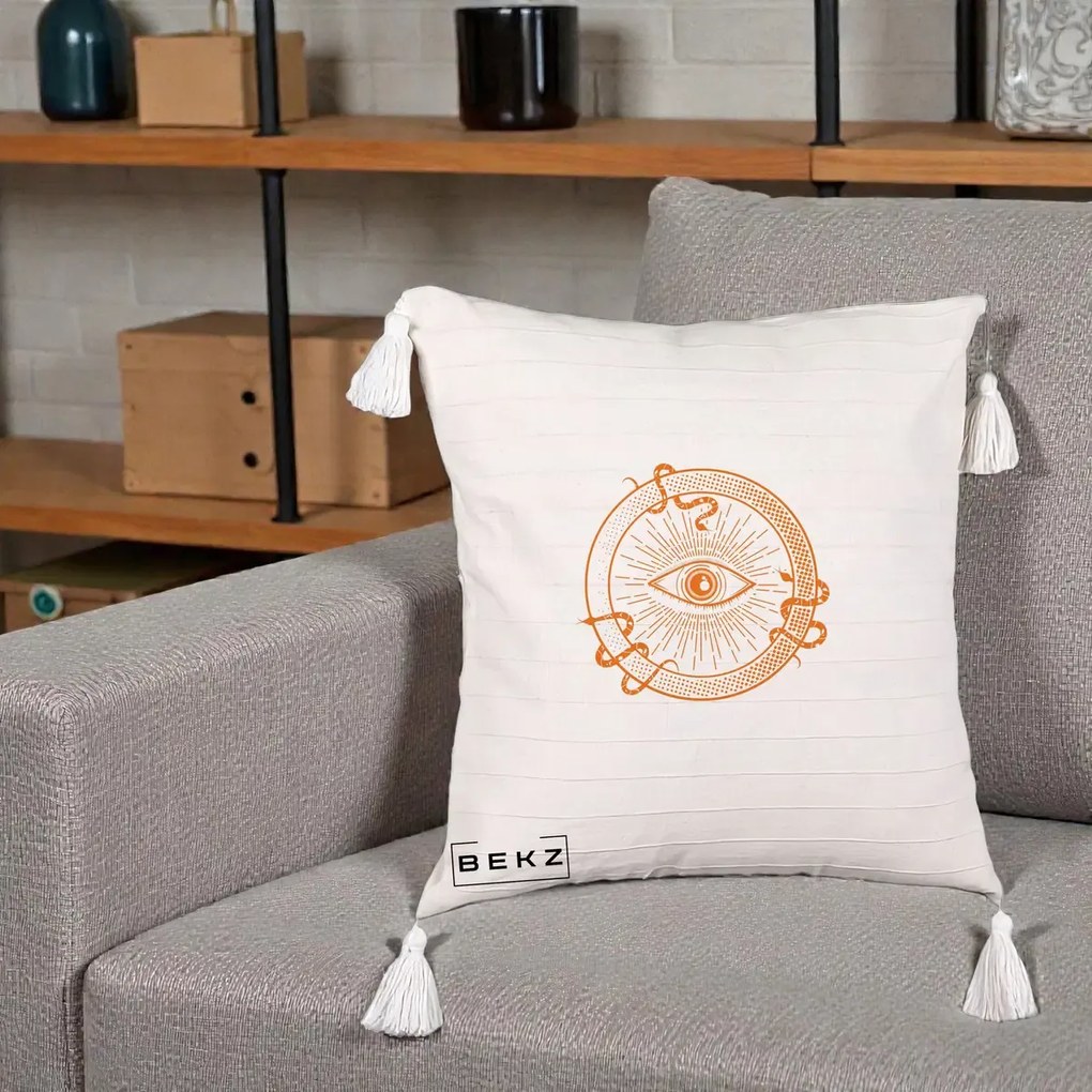 Perna Personalizata Ochiul Providentei Mistic Orange, 40x40 cm, Bej cu Franjuri, Husa Detasabila, Perna Inclusa, BEKZ®