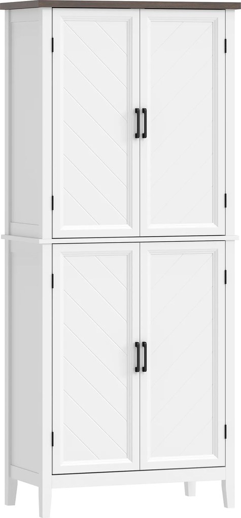 HOMCOM Bufet înalt bucătărie 6 nivele, dulap de bucătărie, 4 uși cu model chevron și 4 rafturi reglabile, 76x40x178,5cm, alb | Aosom Romania