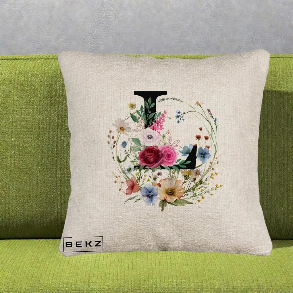 Cadou Personalizat - Perna Personalizata Monogram Litera L cu Flori Acuarela, 40x40 cm, Bej Canapea, Husa Detasabila, Perna Inclusa, BEKZ®