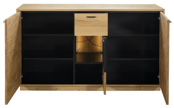 Bufet Urbano Oak Cu 3 Usi Si 1 Sertar, Stejar Rustic Si Negru, 140 Cm