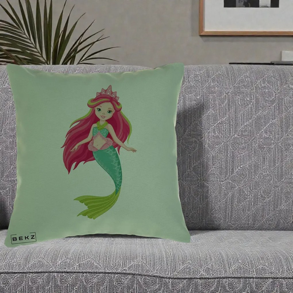 Perna Decorativa Sirena Roz cu Coroana, 40x40 cm, Verde, Husa Detasabila, Perna Inclusa, BEKZ®