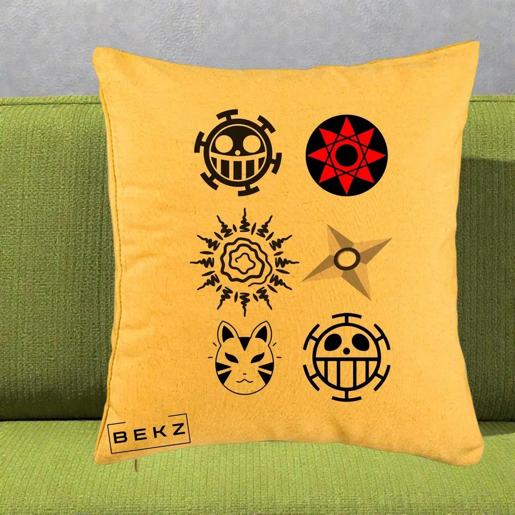 Perna Personalizata Simboluri Anime Mix - Naruto One Piece, 40x40 cm, Galben, Husa Detasabila, Perna Inclusa, BEKZ®