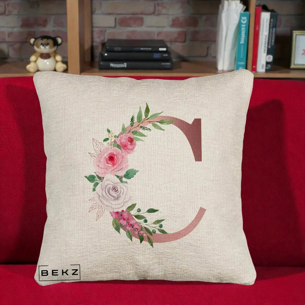 Cadou Personalizat - Perna Personalizata Monograma Rose Gold Litera C, 40x40 cm, Bej Canapea, Husa Detasabila, Perna Inclusa, BEKZ®