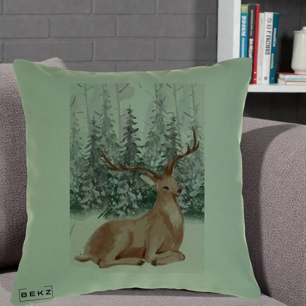 Perna Decorativa Ren in Padure Roz Moale, 40x40 cm, Verde, Husa Detasabila, Perna Inclusa, BEKZ®