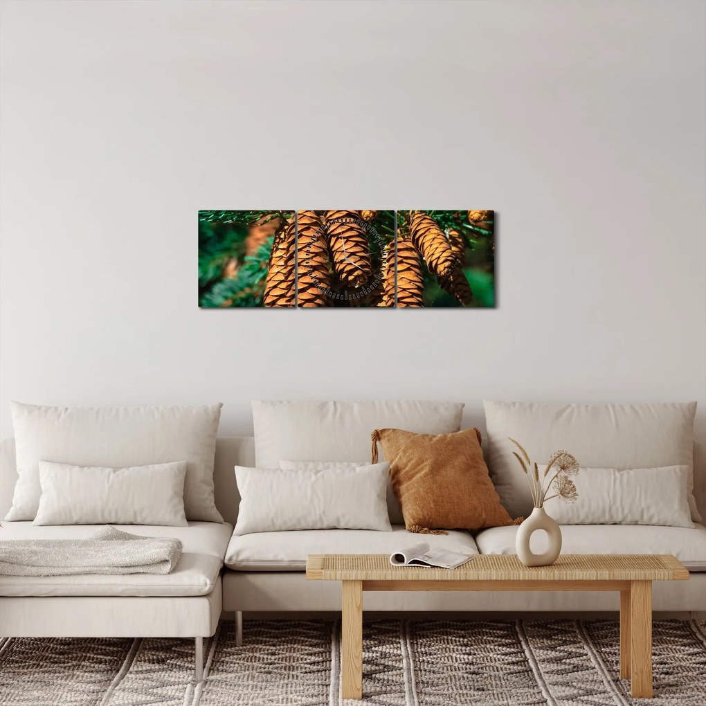 Tablou cu con de brad (cu ceas) (90x30 cm)
