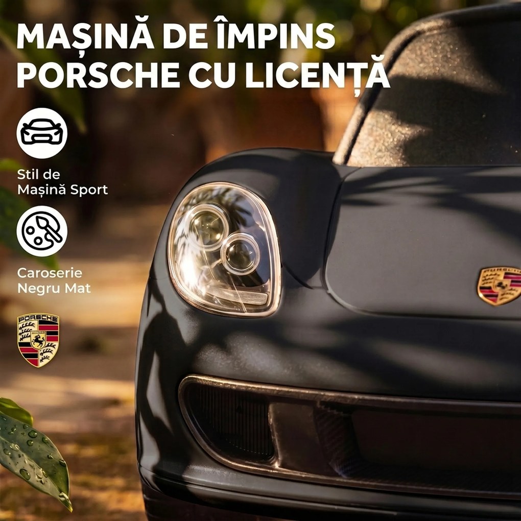 AIYAPLAY Mașinuță de Împins pentru Copii cu Licență Porsche, Claxon, Faruri și Sunet de Pornire, PP, Negru | Aosom Romania