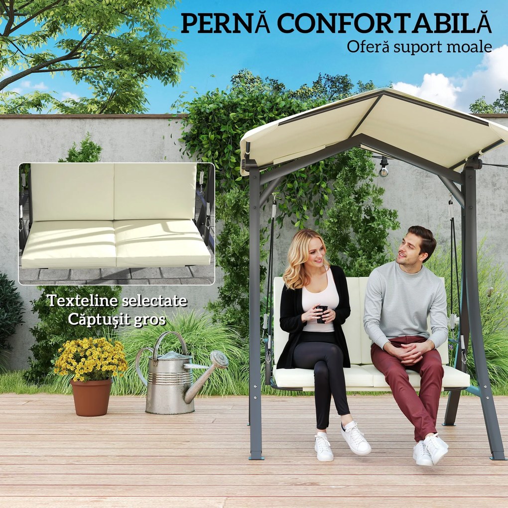 Outsunny Leagăn de Grădină 2 Locuri cu Acoperiș Reglabil 150x120x182cm Crem | Aosom Romania