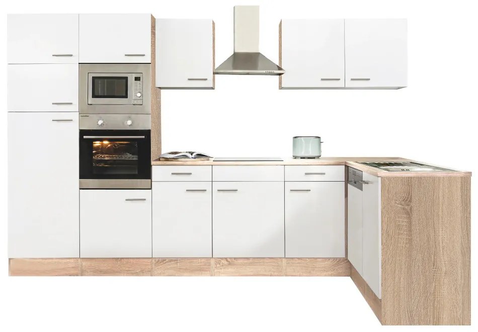 Mobilă de bucătărie de colț Yorki 340, corp din stejar Sonoma, cu față alb satinat