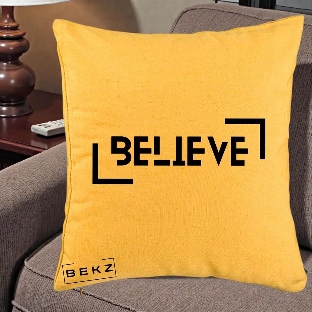 Perna Decorativa Believe Minimalist, 40x40 cm, Galben, Husa Detasabila, Perna Inclusa, BEKZ®
