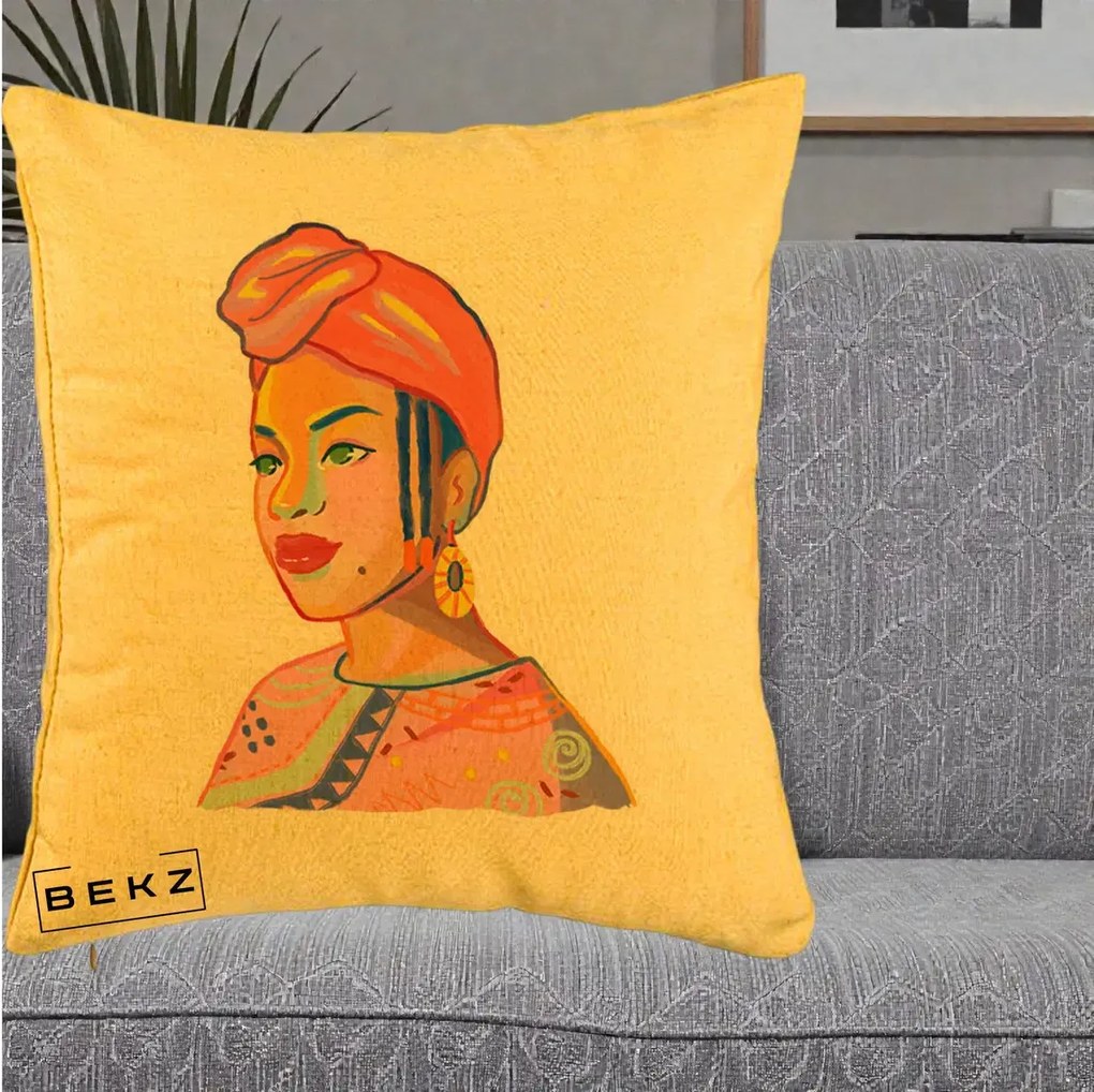 Perna Decorativa Portret Femeie Africana, 40x40 cm, Galben, Husa Detasabila, Perna Inclusa, BEKZ®