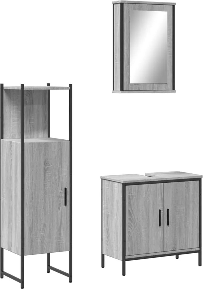 vidaXL Set mobilier de baie, 3 piese, gri sonoma, lemn prelucrat
