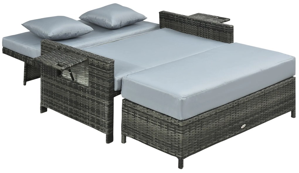 Outsunny Canapea de grădină cu funcție de șezlong, taburet extensibil cu spațiu de depozitare, perne pentru șezut, gri, 130 x 72 x 96 cm | Aosom Romania