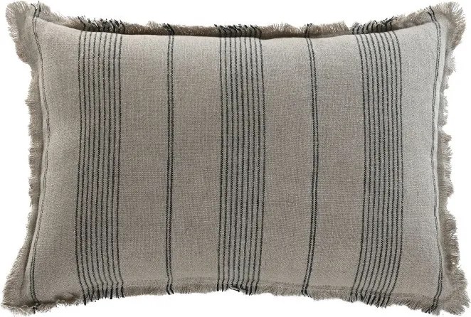 Pernă decorativă din in natural cu dungi, 60 x 40 cm, 500 g, bej și gri, franjuri, husă cu fermoar, „Linen Cushion Striped"