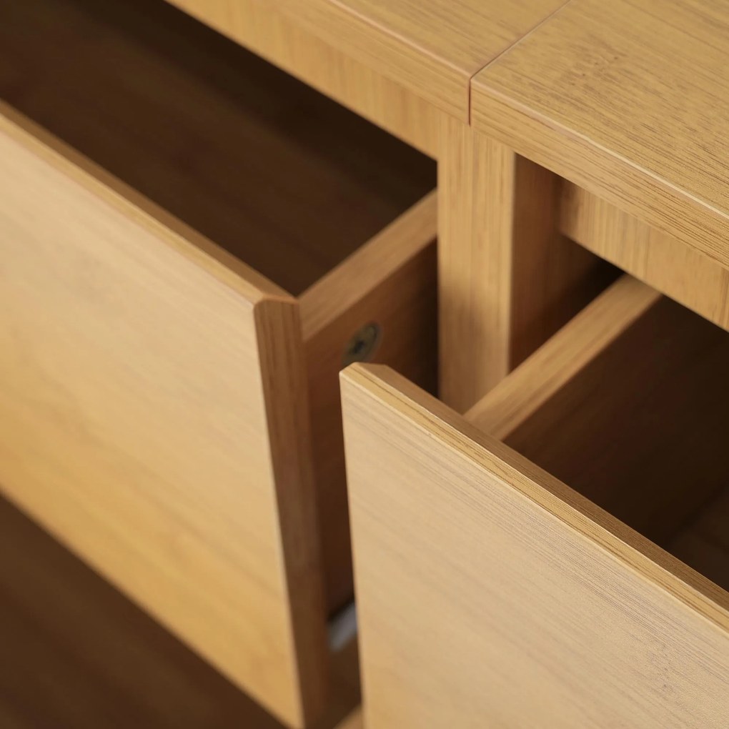 Comodă Sideboard, 6 sertare &amp; rafturi deschise, design în stil roman cu coloane &amp; rafturi din bambus, 160x40x75 cm, Culoare naturală